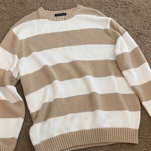 Brandy Melville Beige & White Striped Crewneck Sweater